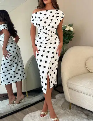 

Elegant Temperament Fashionable Slim Fit Polka Dot Print Slanted Neck Off Shoulder Pleated Waist Women's Hip Hugging Dress