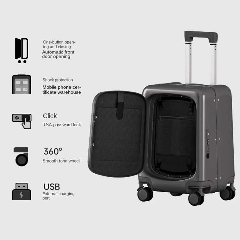 2024 New Business Suitcase Front Opening Aluminum Frame Trolley case 20-inch carry-on Luggage USB Charging Port with Cup Holder