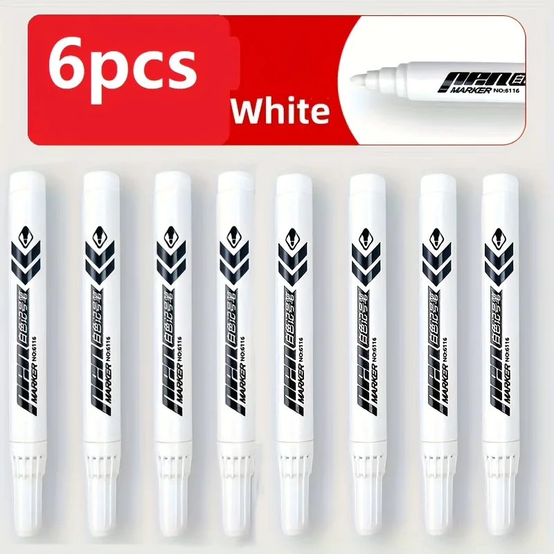 6pcs White Marker Set - High-Quality Smudge-Proof Oil-Based Ink, Medium Tip for Plastic, Glass & Metal Surfaces,Permanent Marker image 6