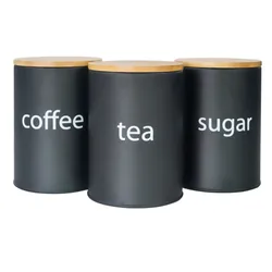 2024 NEW Fashion P&P 22 oz Tea, Sugar & Coffee  Jars  with Bamboo Lid  for Home Black White Roundness  Round Set of 3