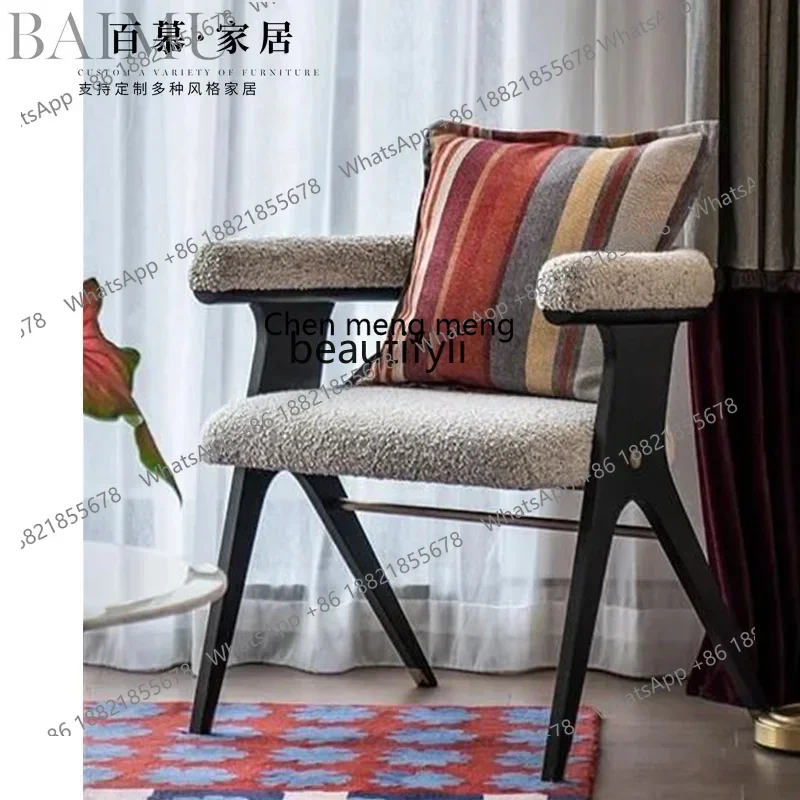 New arrive Nordic solid wood lamb wool fabric dining chair home armrest book chair designer hotel model room reception negotiati