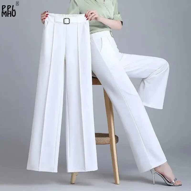 

Khaki High Waist Ice Silk Wide Leg Pantalones 2023 Summer Design Mom's Straight Trousers Elegant Elastic Waist Baggy Pants Women