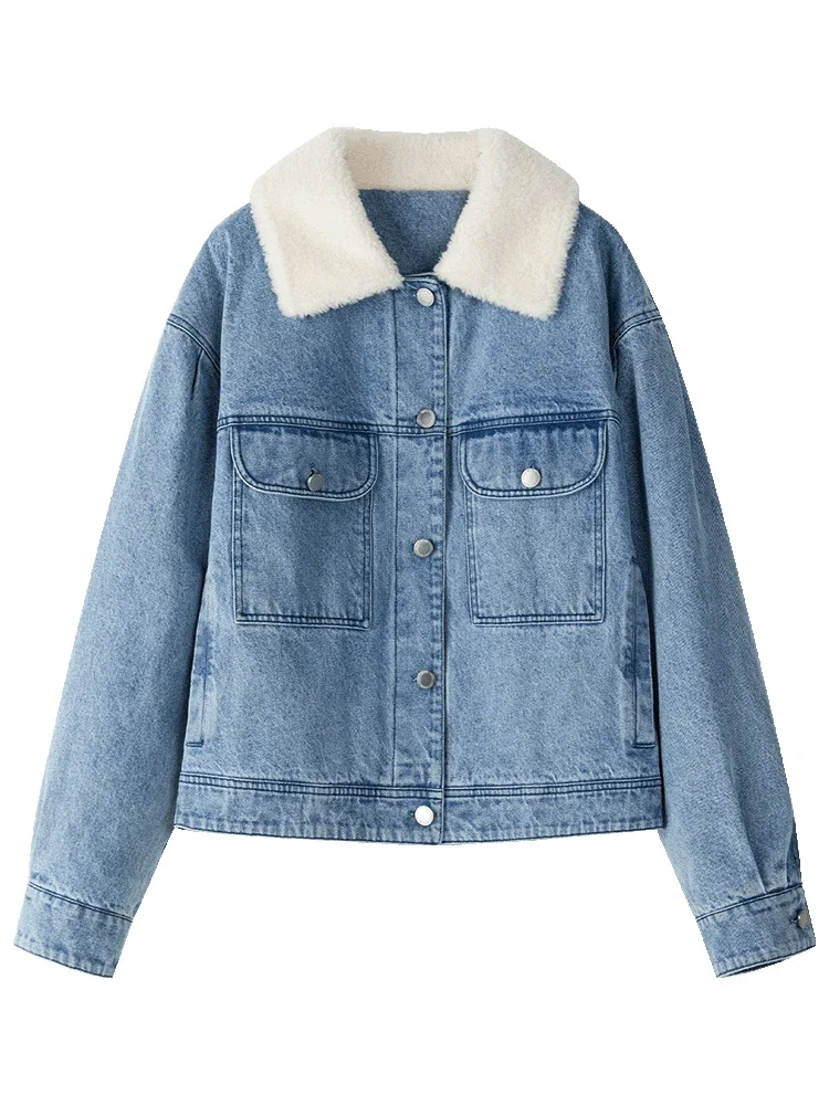 FSLE Casual Style Lamb Wool 100% Cotton Denim Splicing Jacket for Women Winter 2023 New Fashionable Short Denim Coat Female