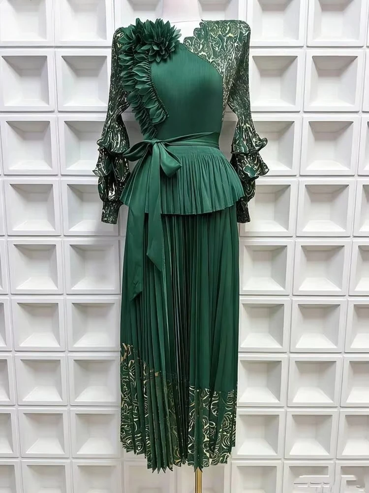 ANLAN Elegant Ruffled Pleated Women's Dress Lantern Sleeve High Waist Lace-Up Gold Embossing Dresses 2026 Summer New Tide 2AN950