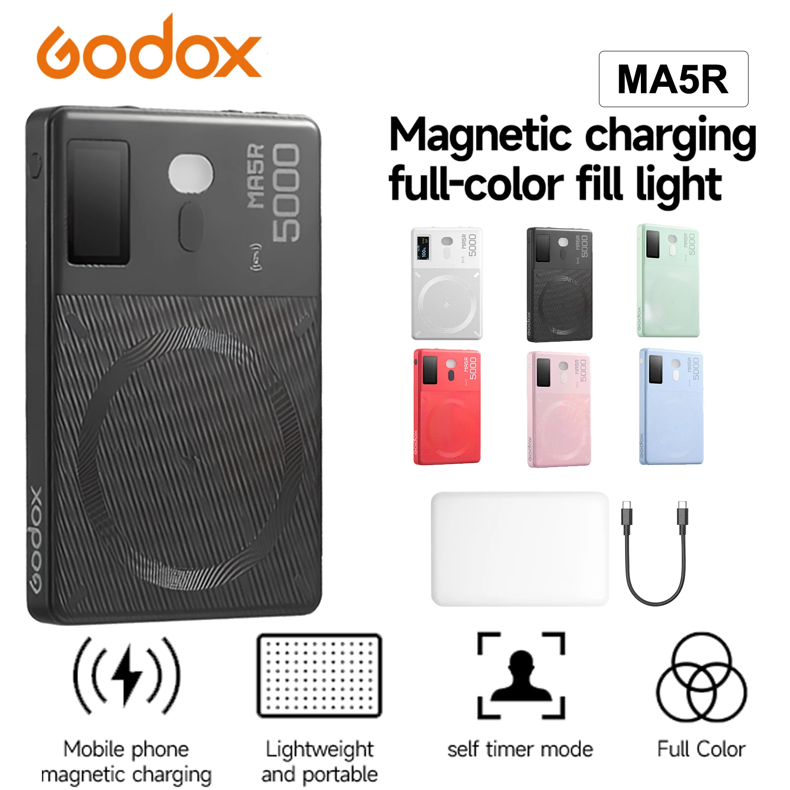 

Godox MA5R Magnetic RGB Fill Light Wireless Power Bank for Vlog Selfie Phone Camera Full-Color LED Light 1800K to 10000K