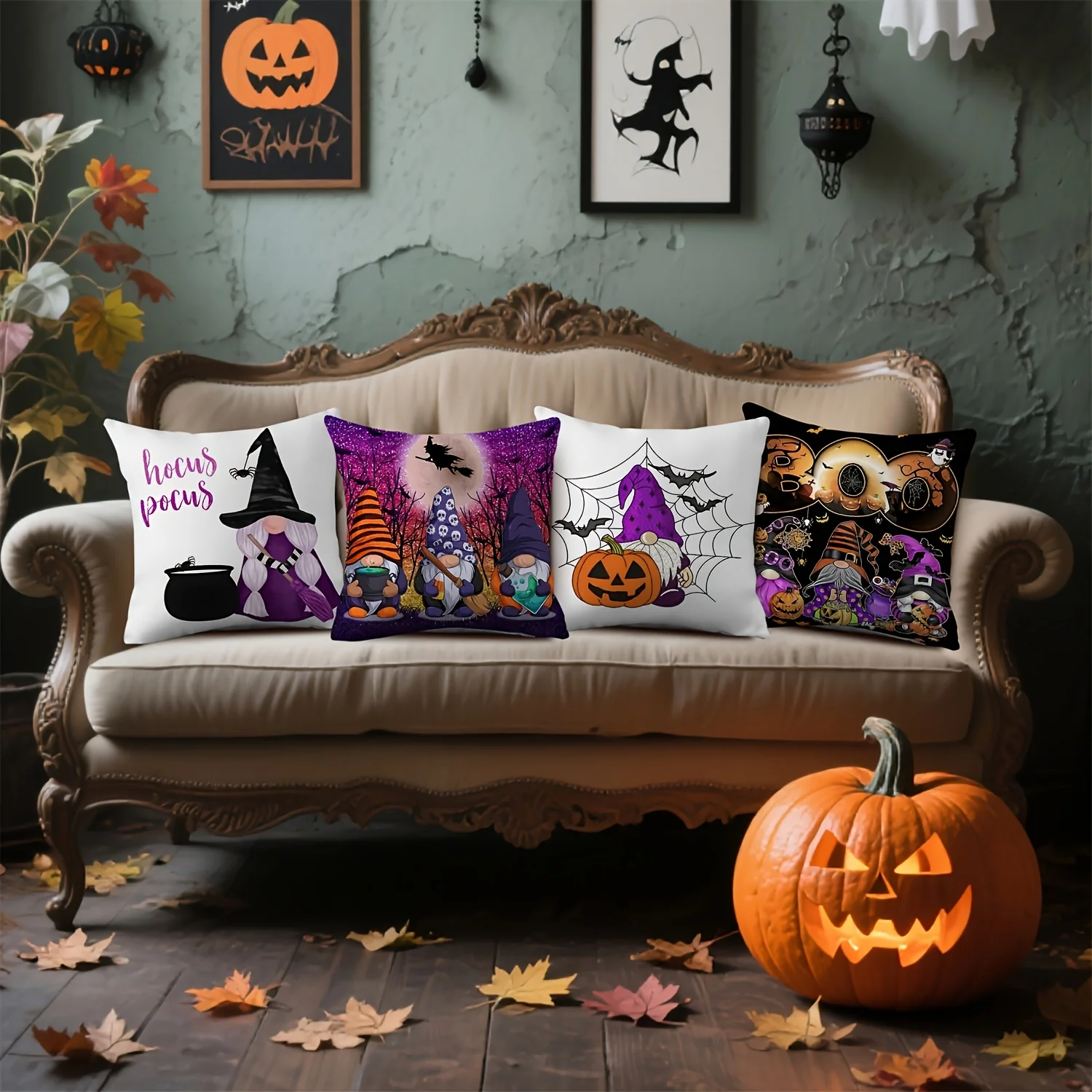 4pcs Hocus Pocus Halloween Throw Pillow Covers Witch Dwarf Purple Sky Pumpkin Bat Spider Web Farmhouse Halloween Decorative