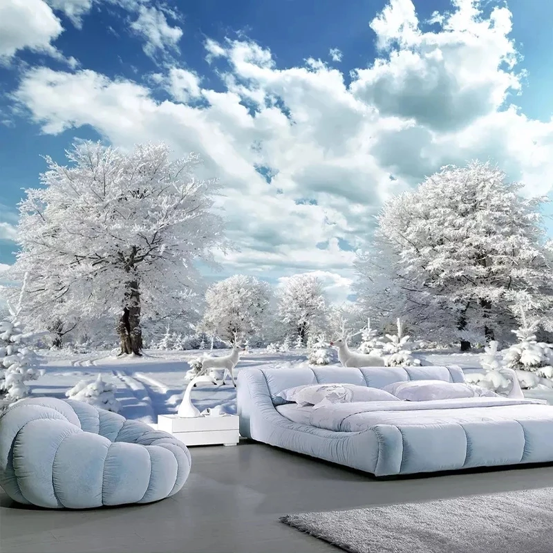 Custom Mural Forest Big Tree White Deer Winter Snow Scenery 3D Wallpaper Bedroom Living room sofa TV background wall restaurant