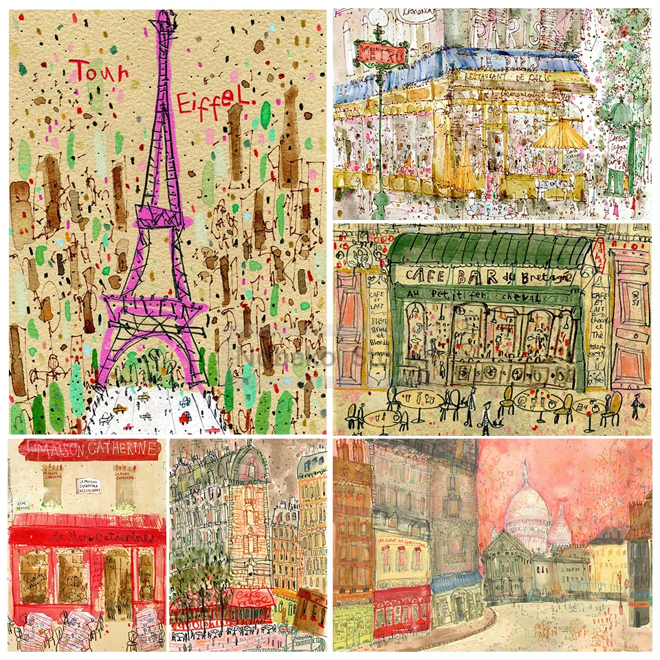 Watercolour Paris City Sketch Poster French Architecture Prints Canvas Painting Travel Wall Art Pictures Home Room Decoration
