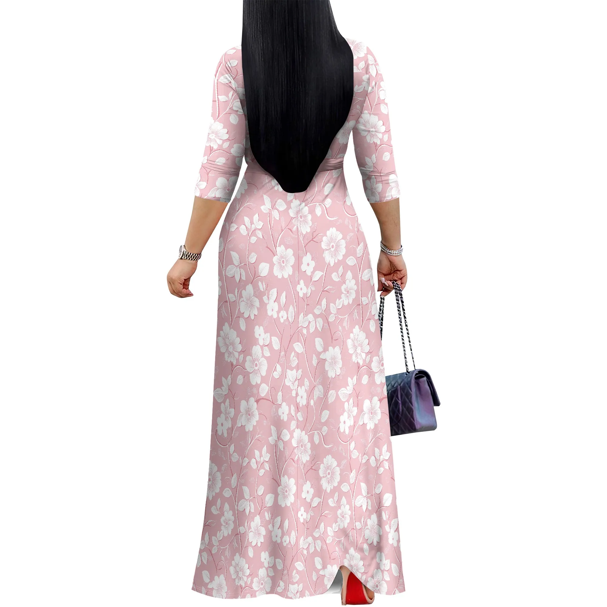 Wickelkleid mit Blumenmuster und V-Ausschnitt – fließendes Midikleid mit Bindegürtel, Boho-Chic-Sommerkleid für Damen