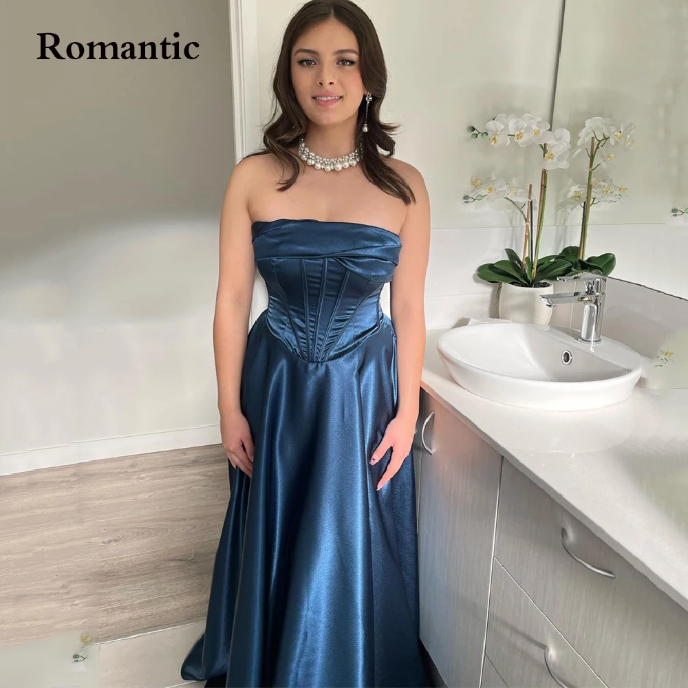 

Romantic Blue Satin Slik A Line Evening Dress Square Collar Sleeveless Long Prom Party Gowns For Teen Girls Gradution Vestido