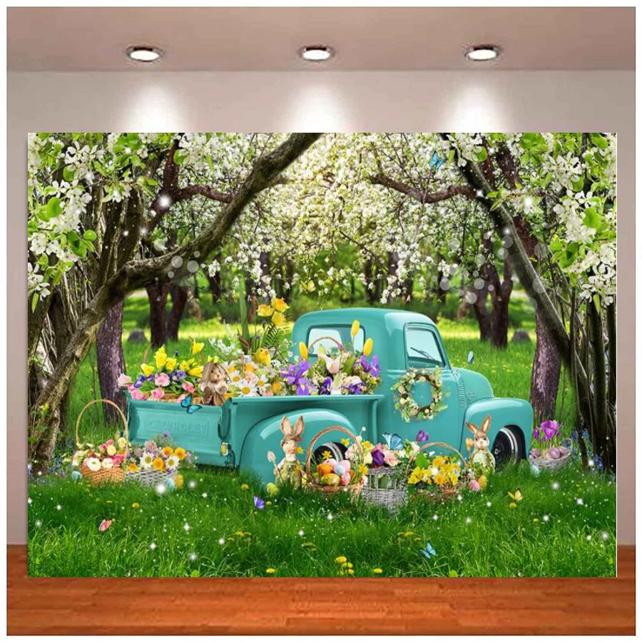 Photography Backdrop Spring Easter Bunny Decoration Banners Truck Green Forest Grass Baby Portrait Photo Background