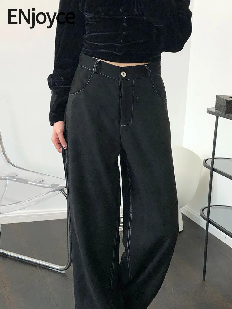 

ENjoyce Women Vintage Black Suede Pants Y2K Streetwear Loose High Waist Bright Line Straight Wide Leg Trousers Spring Fall
