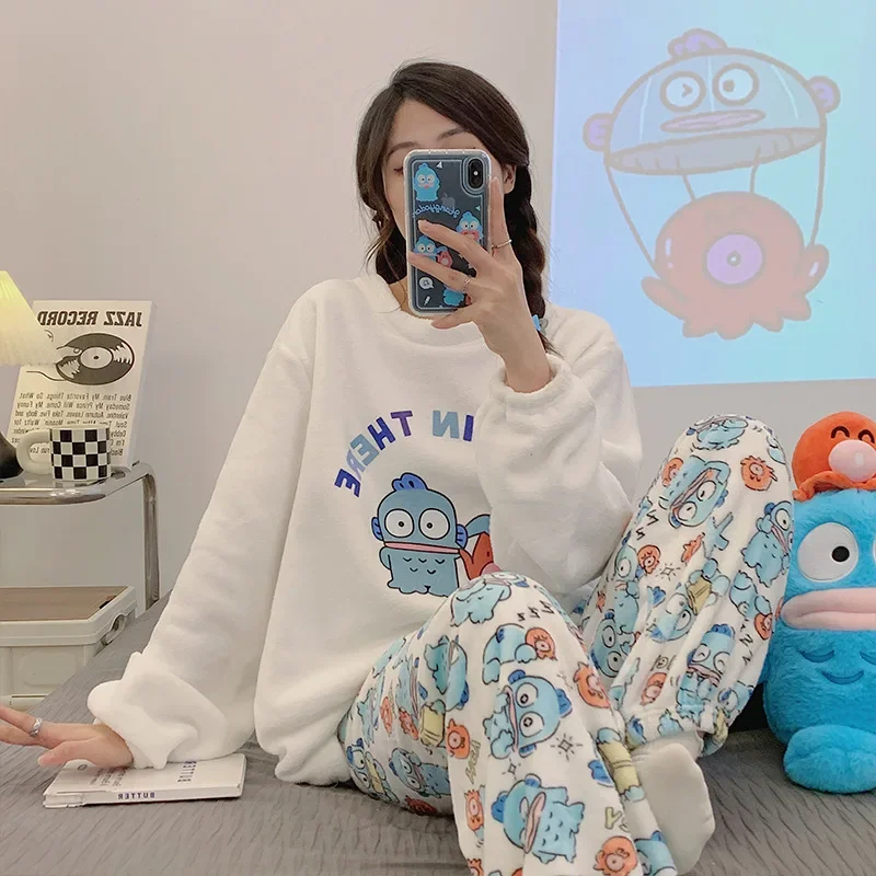 Cartoon Hangyodon Pajamas Home Clothes Coral Velvet Warm Pajamas That Can Be Worn Outside Plush Pajamas Set Long-sleeved Version