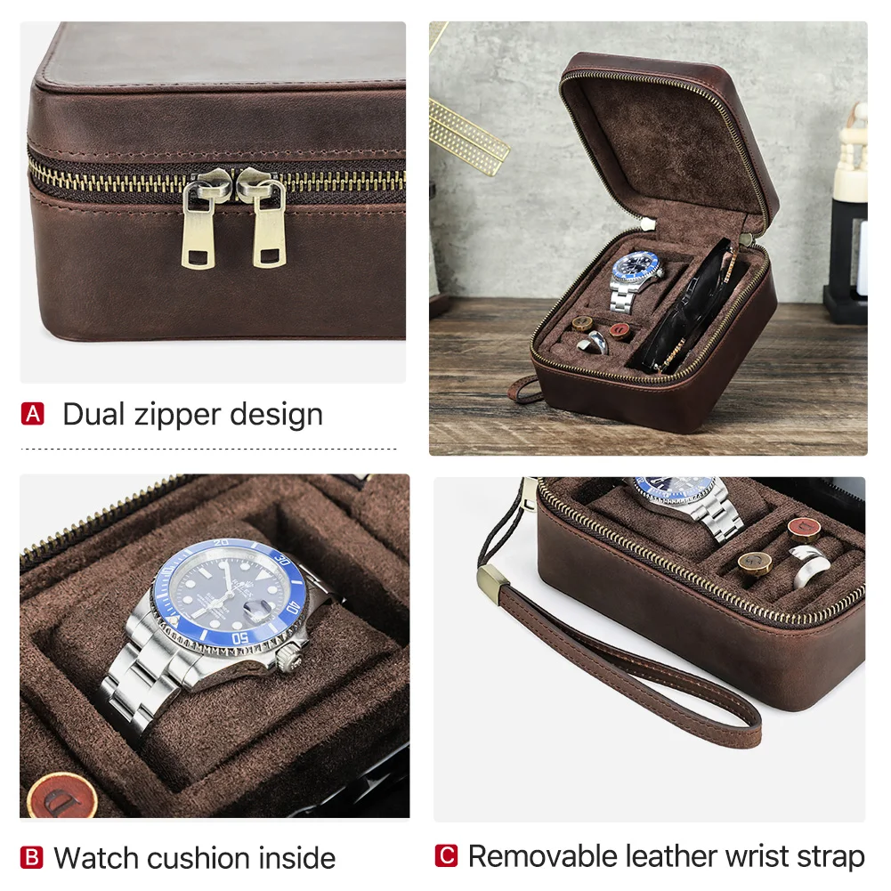 Retro Genuine Leather Watch Storage Box for Men Jewelry Rings Display Case Sunglasses Travel Portable Multifuntional Organizer