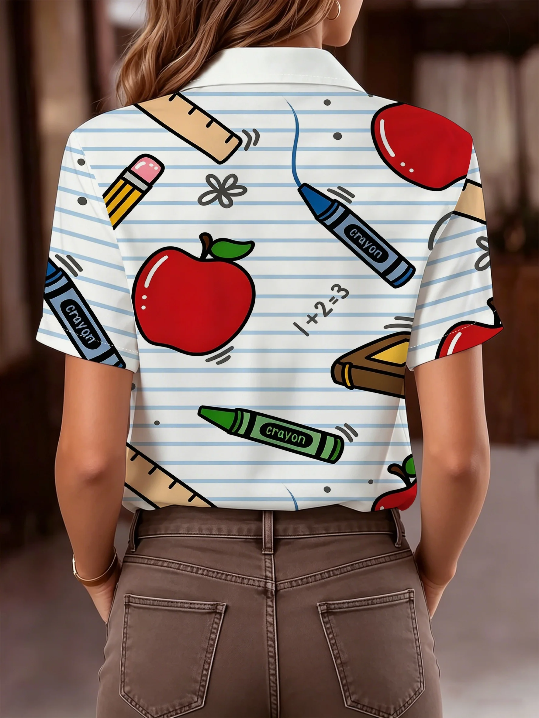 Damen-Langarmshirt mit Cartoon-Apfel- und Schreibwaren-Print, lässig, normale Passform, bequem, vielseitig, für Pendler, für den täglichen Gebrauch – Detail 11