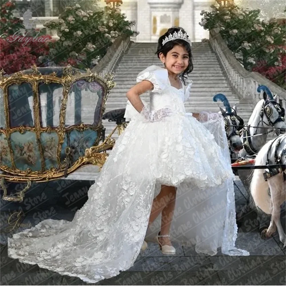 

Luxury White Girl Baby Birthday Dress Sparkling Asymmetrical Length Satin Bow Fit For Holiday Piano Performance Catwalk