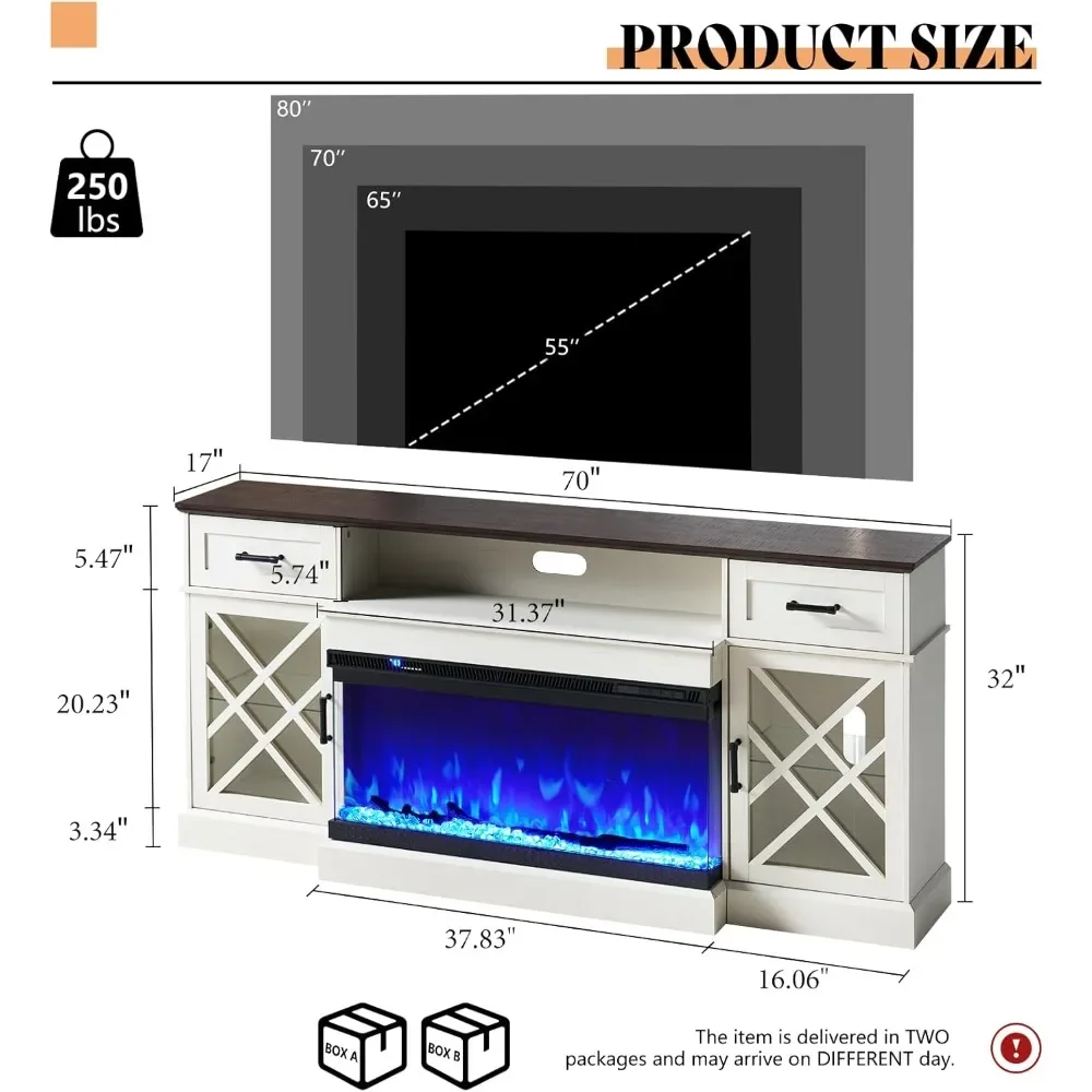 TV Stand with 3-Sided Glass Fireplace & Glass Door Storagefor TVs Up To 80