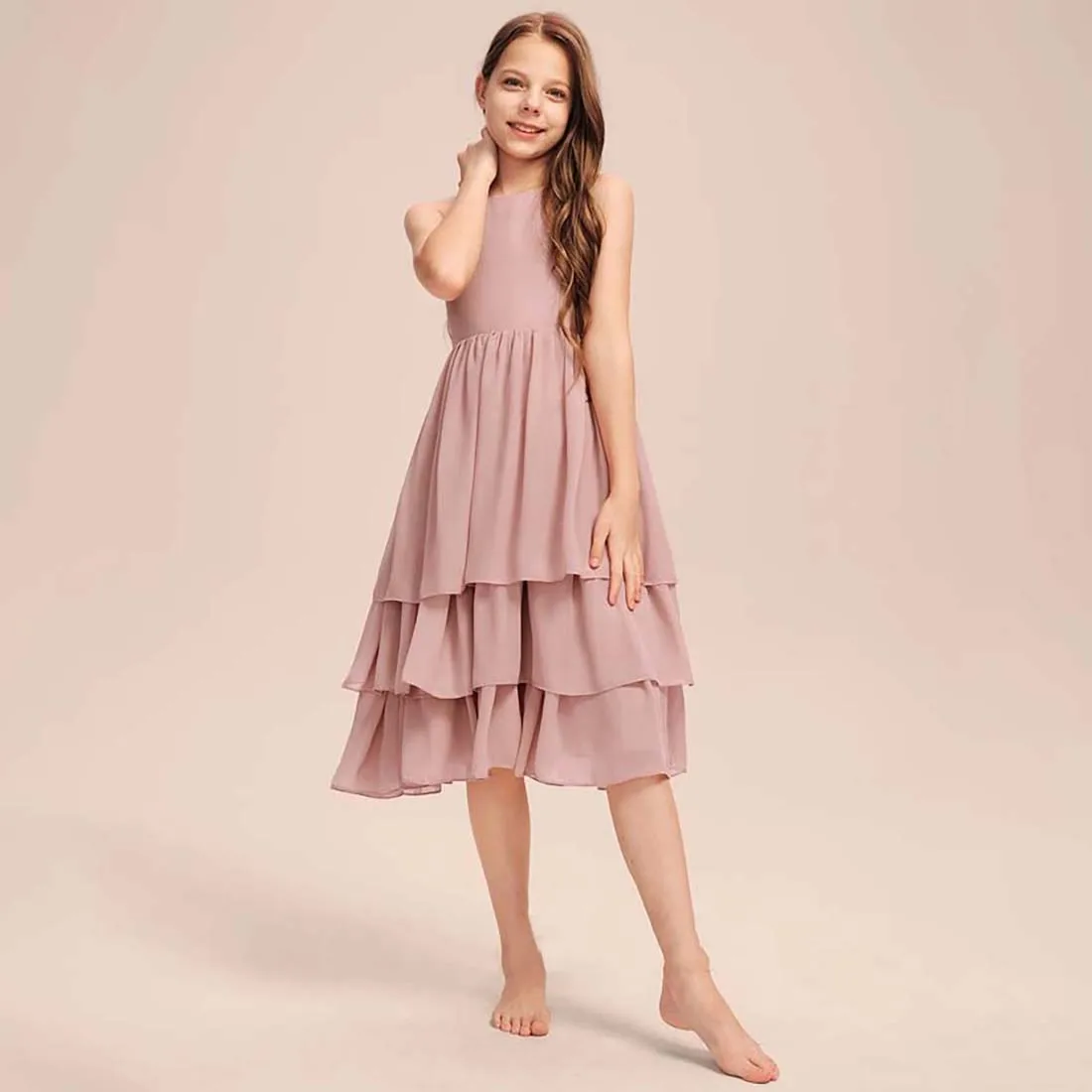 YZYManual-Chiffon Júnior dama Dress, Cascading Ruffles, A-Line colher, Joelho de comprimento, 2-15T