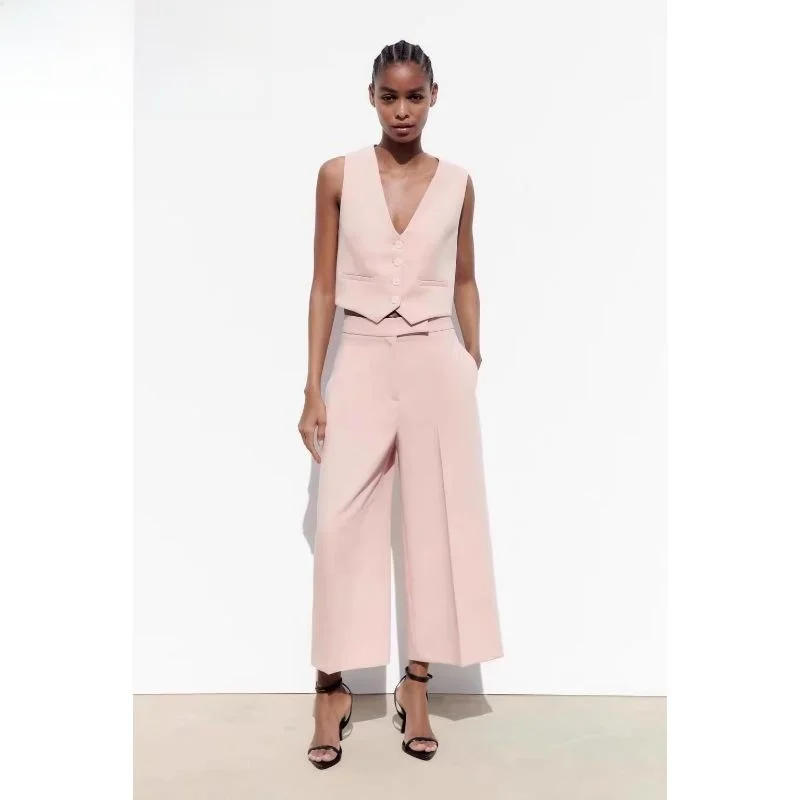 

High Waist Wide Leg Pants Short Vest Top Women's Fashion Autumn 2023 V-neck Single Button Closure Versatile Style