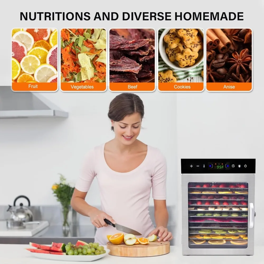 Food Dehydrator, 12 Stainless Steel Trays Dehydrators for Food and Jerky, Herbs, Fruit, Dehydrator Machine with Digital Timer