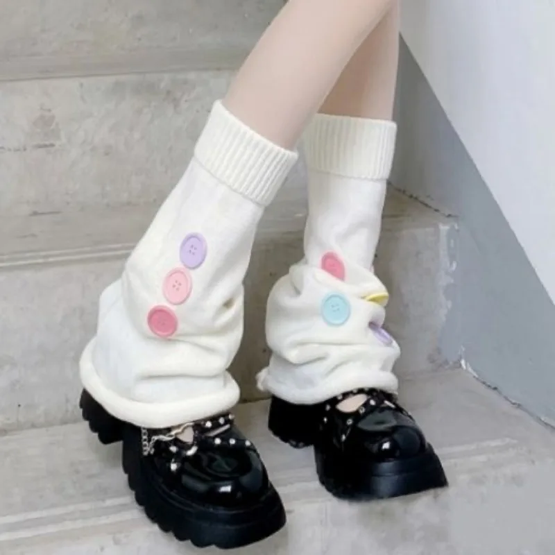 Colorful Button Leg Warmers for Women Knit Gothic Punk Harajuku Long Cable Flared Socks, JK Japanese Y2K Cute