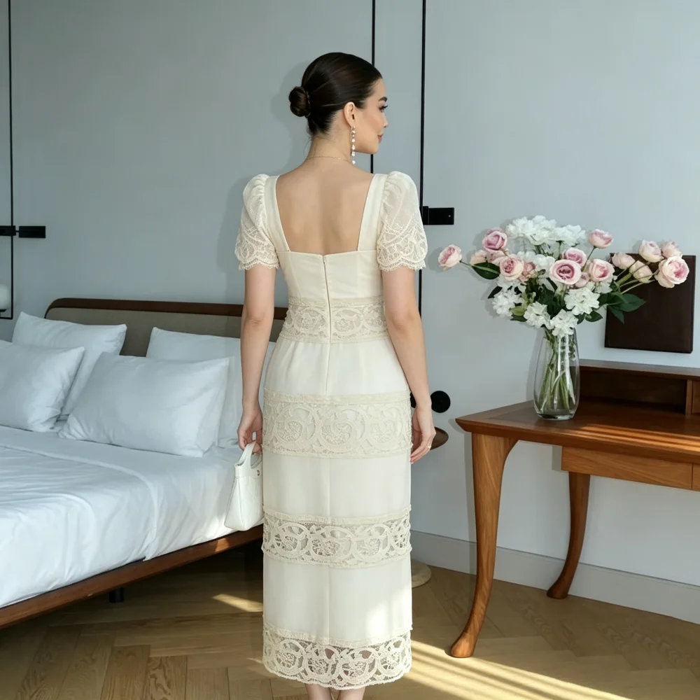 Customized Ivory Square Neck Lace Mother Of The Bride Gown Puff Short Sleeve Tiered Hollowed-out  Midi Wedding Guest Dress