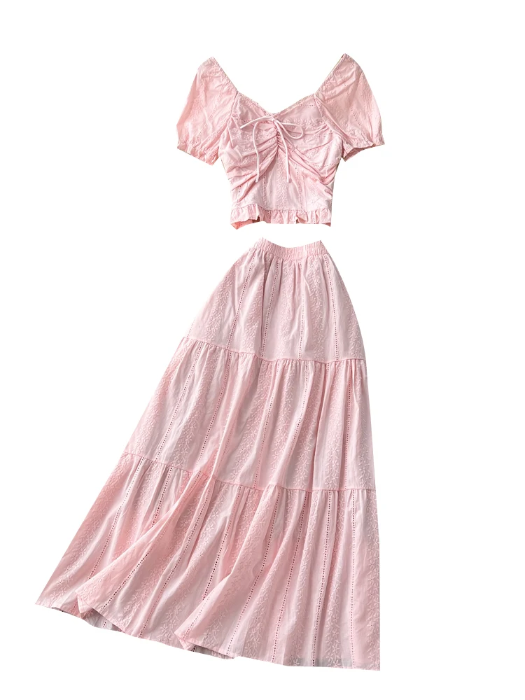 Set da donna di design coreano Faionable Bubble Sve Colletto quadrato Top a vita alta con gonna a vita alta Set da due pezzi