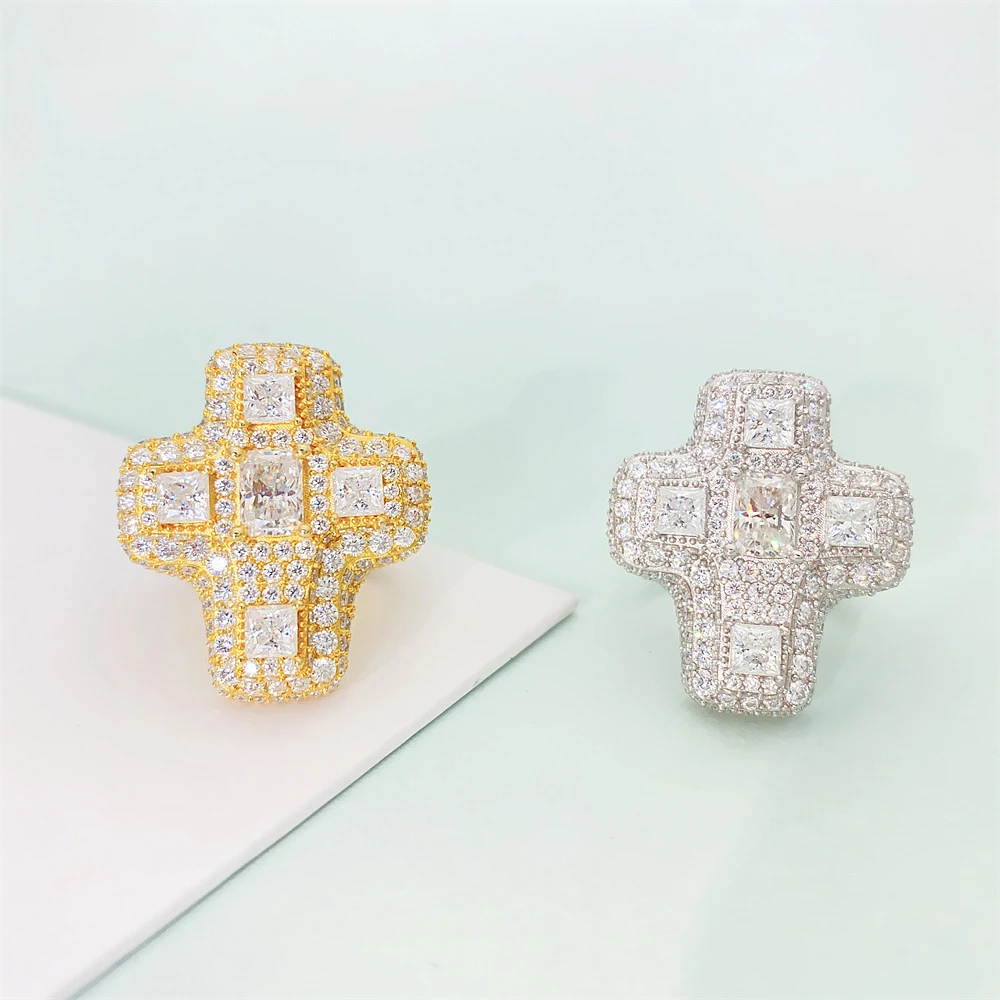 Imagem -02 - Big Cross Moissanite Anéis para Homens e Mulheres Iced Out Anéis S925 Prata Anel de Casamento Dedo Jóias Passe Diamantes Tester