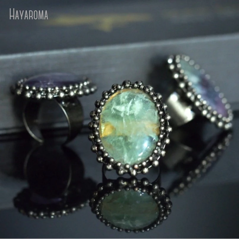 

10Pcs Wholesale Vintage Style Handmade Soldered Oval Shape Antique Silver Color Tin Rainbow Fluorite Ring RM48656