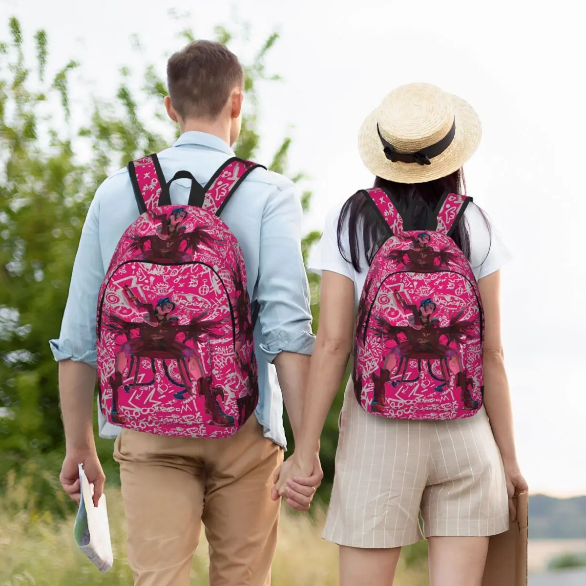 Arcane Jinx-Sac à Dos Rose avec Couverture de Livre d'Art pour Homme et Femme, Idéal pour Lycée, Randonnée, Voyage, Jour, Ordinateur Portable, dehors