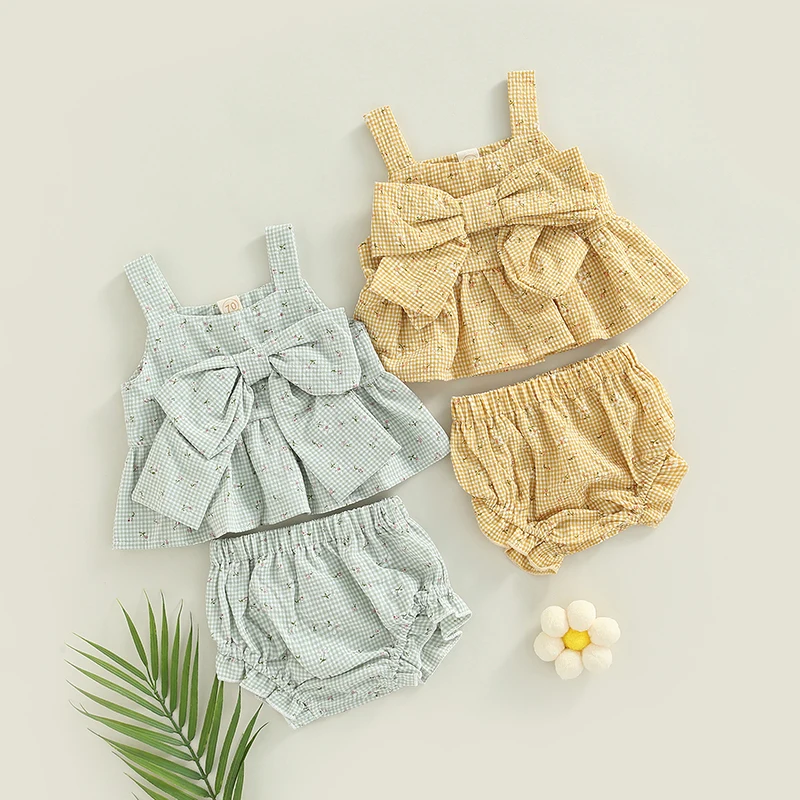 Lioraitiin Summer Infant Baby Girl Outfits Suit Plaid Pattern Floral Printed Bowknot Suspender Tops Shorts Clothes Set