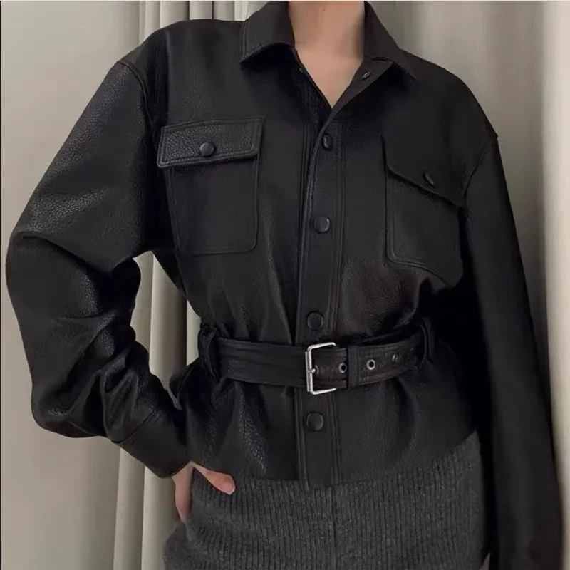 Manteau en cuir véritable pour femme avec ceinture à revers, streetwear féminin, noir, vêtements élégants, dame de bureau, printemps, 2024
