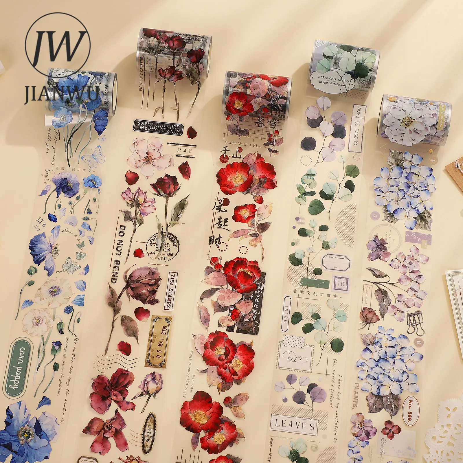 JIANWU 5m/6m/ Roll Multiple Specifications Vintage Flower Figure Glossy PET Tape Creative DIY Handbook Decor Collage Stationery