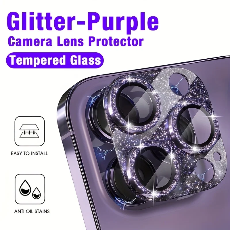 1 Pcs Glitter-Purple Camera Lens Protector for iPhone 16/15/14/Plus/Pro/Pro Max, 9H Hardness Tempered Glass, Scratches,