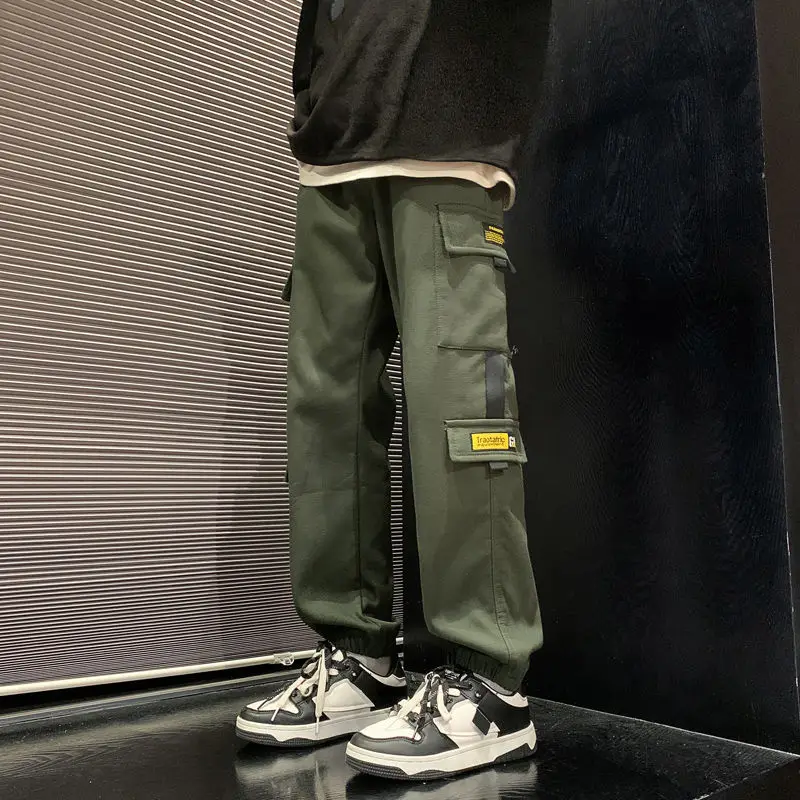 

Женская одежда, весенне-осенние однотонные эластичные карманы с высокой талией, повседневные модные брюки в английском стиле, брюки-карго