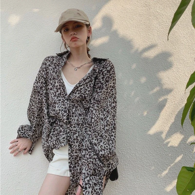 Leopard Sun-proof Shirts Women Long Sleeve Loose Chic Thin Spring Summer Tops Mid-length Minority Design Female Vintage Slouchy