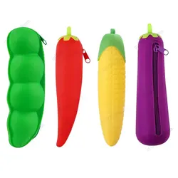 Étui à crayons créatif en silicone avec fermeture éclair, sac de rangement pour stylos, forme de carotte de maïs, cosse de haricot, pois d'aubergine, étudiant Kawaii, cadeau pour enfants, évaluation