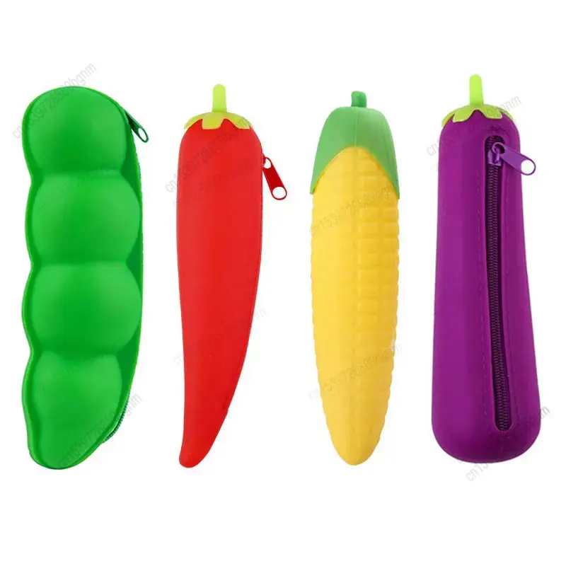 Creative Zipper Silicone Pencil Case Eggplant Peas Bean Pod Corn Carrot Shape Kawaii Student Pen Storage Bag Organizer Kids Gift