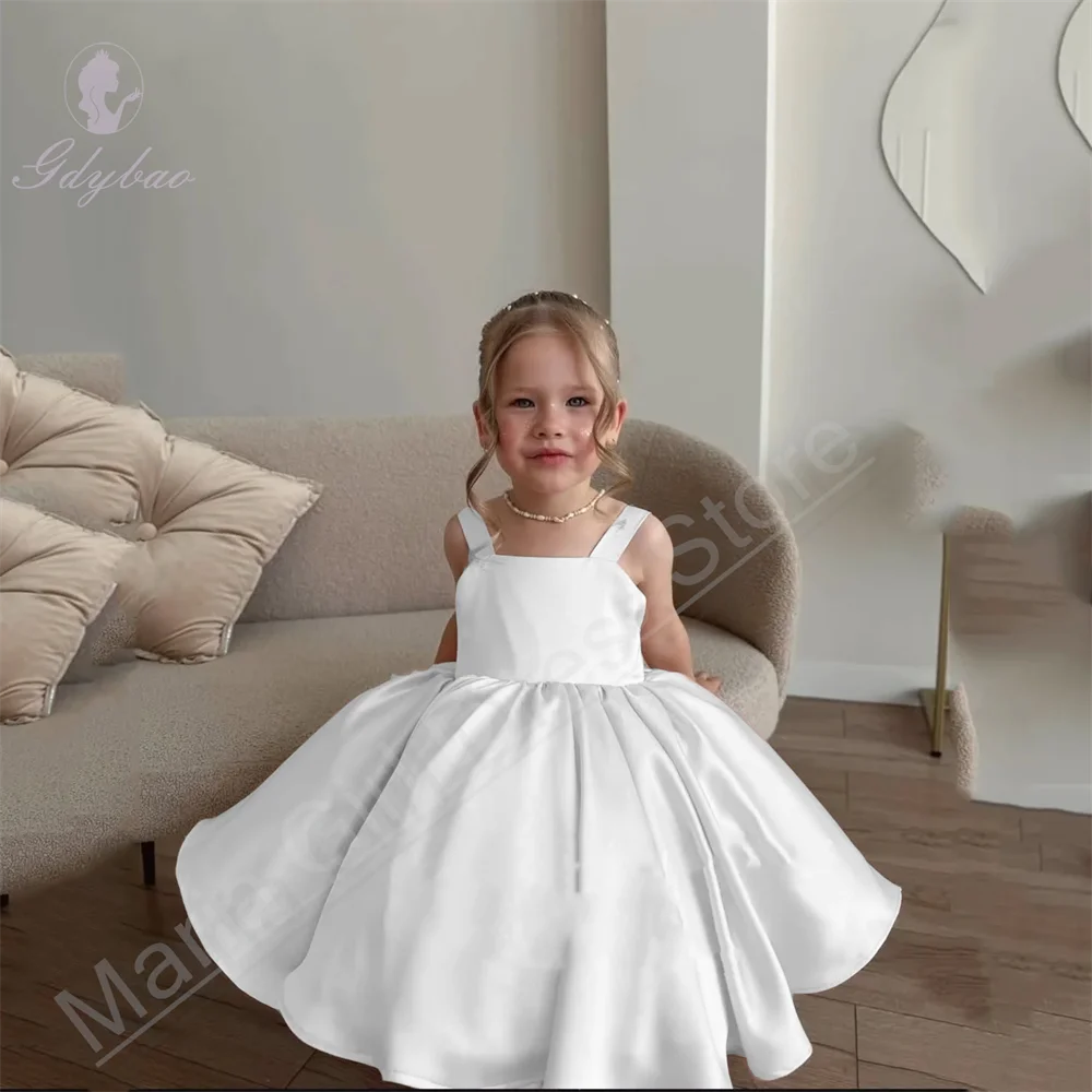 Pink Satin Flower Girl Dress Square Neck Wedding Party Holy Communion Knee-Length Children's Birthday Clothing image 4