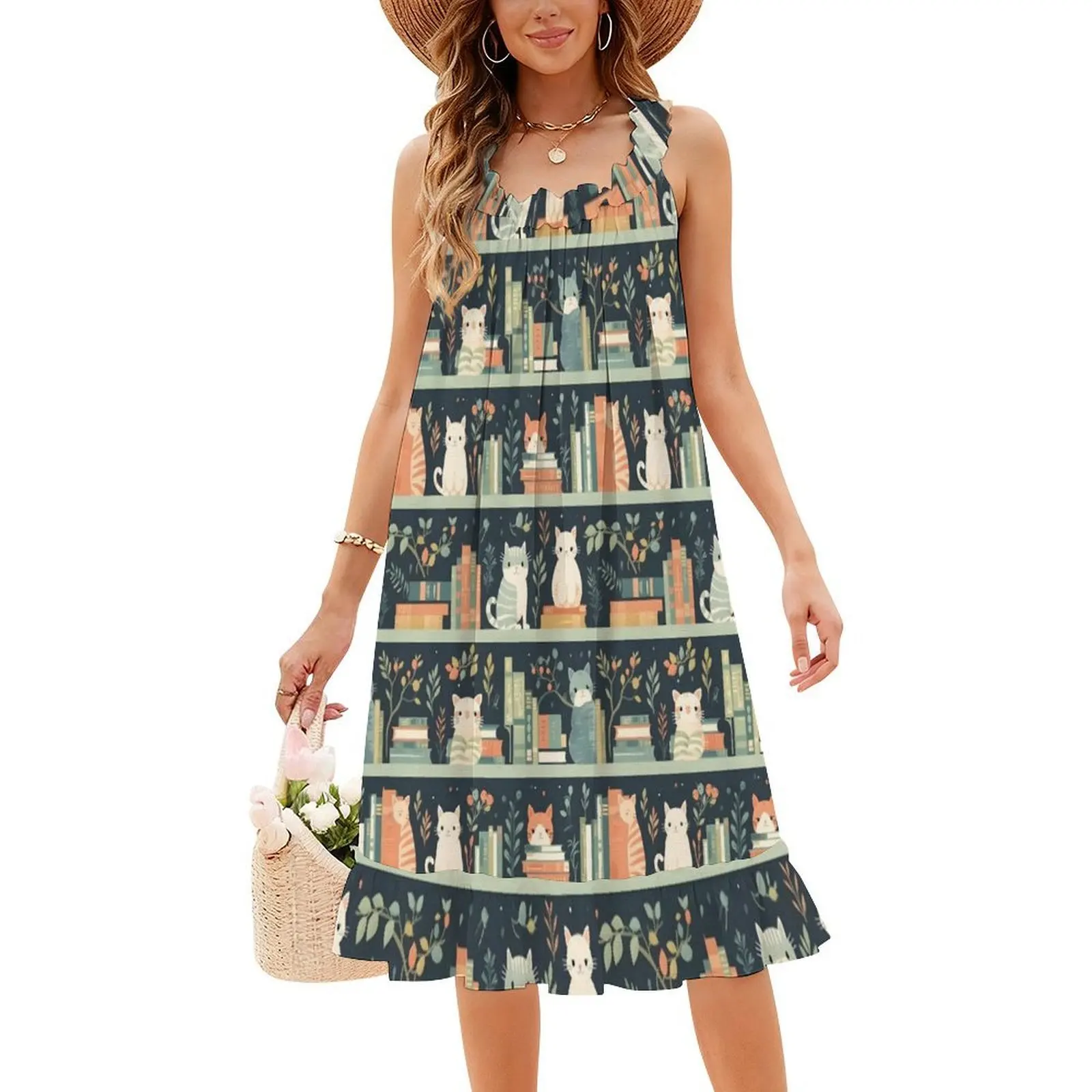 Cats In Library Books Pastel Pattern Texture Floral Smock Dress For Women Spring Summer Casual Dress For Party Book Bookworm