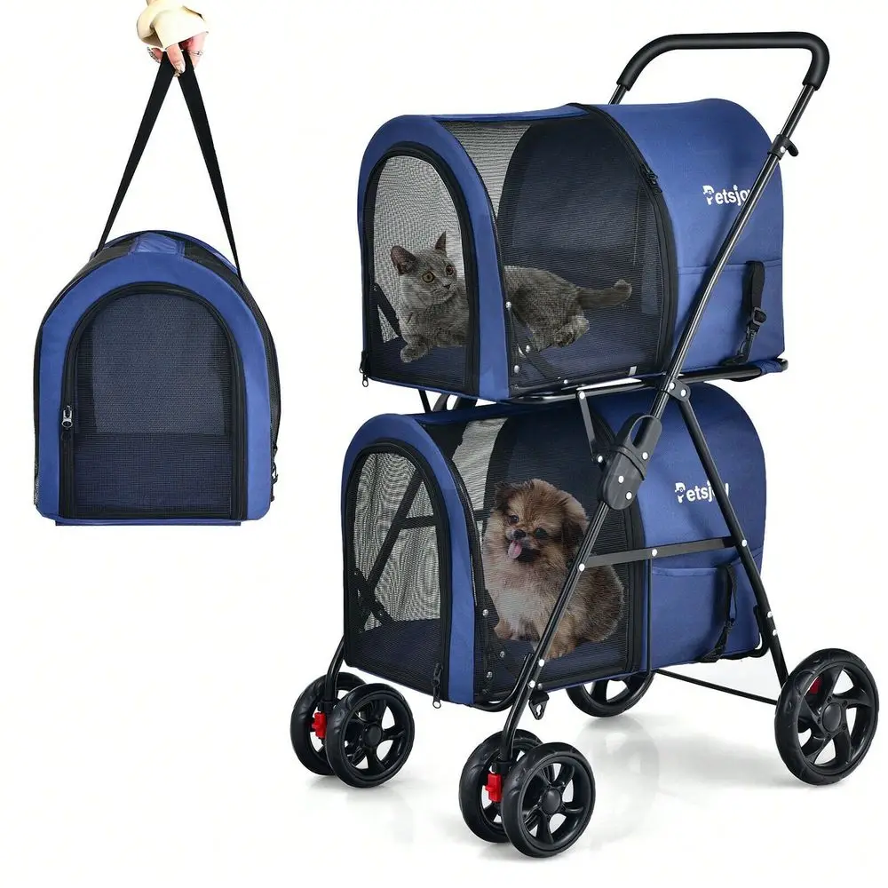

4In1 Double Pet Stroller W Detachable Carrier Travel Carriage For Cats