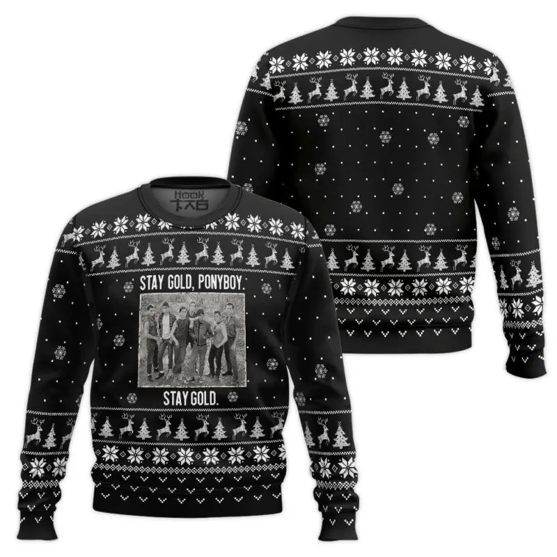 

Black Christmas Ugly Sweater 3D Outsider Gold Pony Snowflake Reindeer Christmas Tree Festival Round Neck Vintage Wear Top