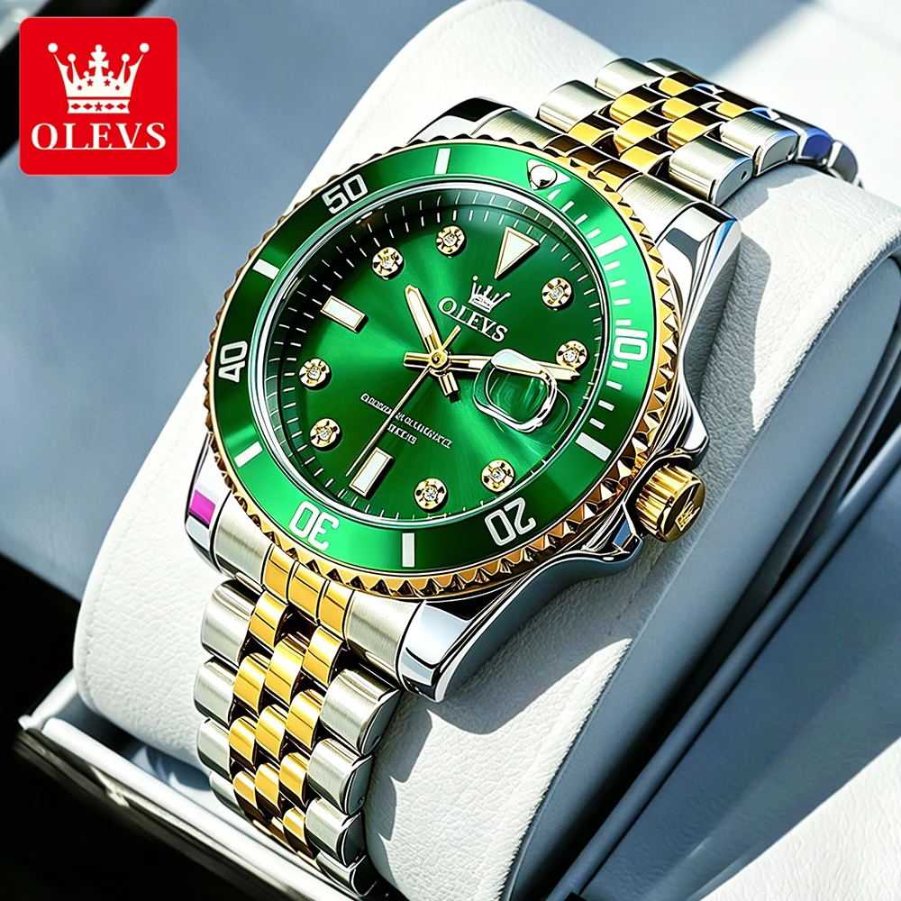 OLEVS Men's Watches Classic Luxury Fine Steel Original Brand Quartz Wristwatch Big Date Dive Timer Bezel Waterproof Luminous New