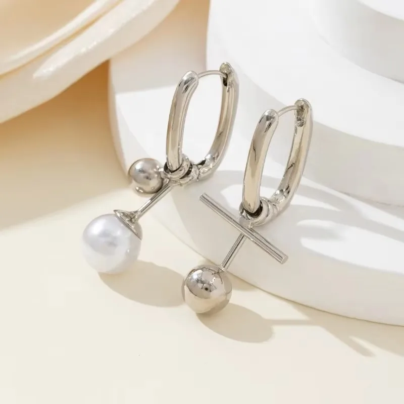 New Arrival U Shaped Hoop Earrings Women Minimalist 925 Sterling Silver Pearl Dangle Drop Earrings Asymmetric Jewelry Party Gift