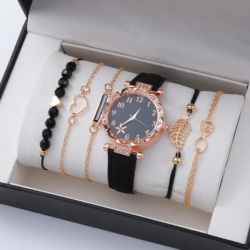 6PCS/Set Women Watch Cute Heart Dial Quartz Watch Shiny Rhinestone Analog Wrist Watch Bracelets Gift for Mom (Without Box)