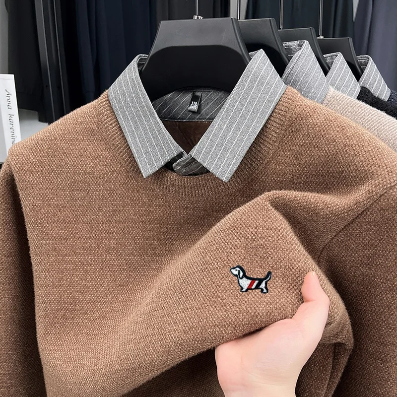 

Luxury Brand Men's Contrast Color Lapel Hood Sweater Winter New arrival Thicken Small Dog Print Warm Knitwear Business Menswear