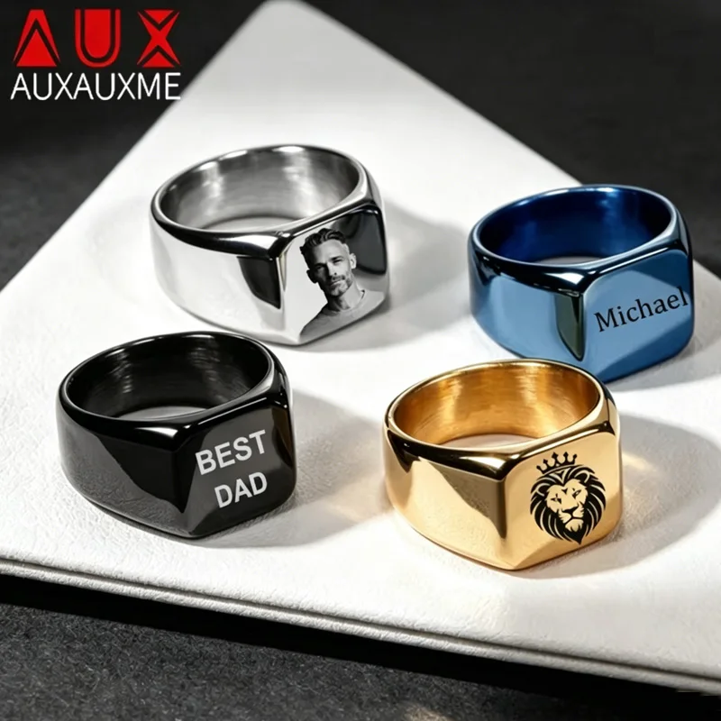

Auxauxme Personalized Custom Photo Name Ring for Men Women Stainless Steel Engrave Logo Text Punk Ring Father Friend Family Gift