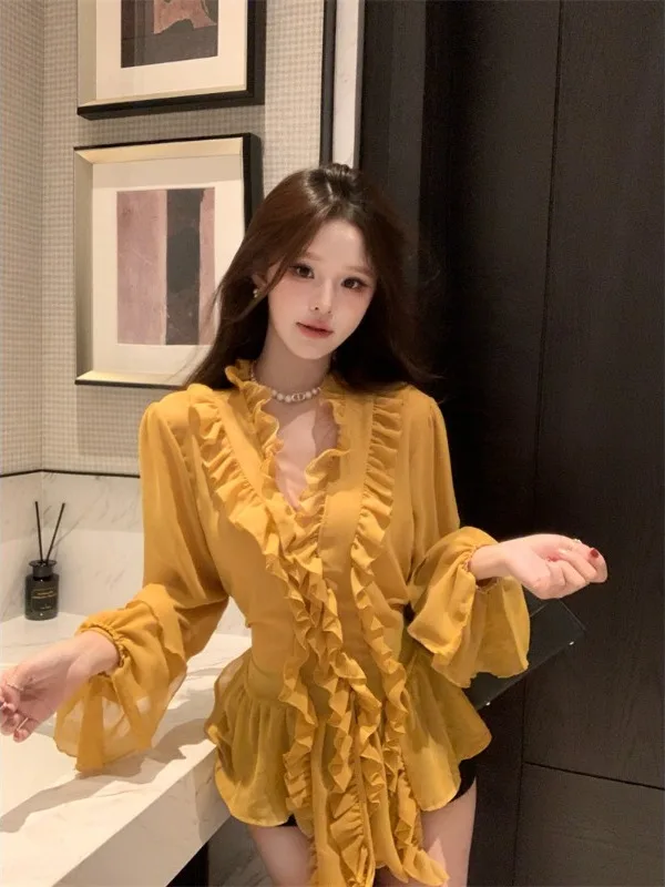 

Женская блузка в стиле Лолита с длинным рукавом, V-образным вырезом, шифоновая, с кружевной отделкой, защита от солнца, модный облегающий крой