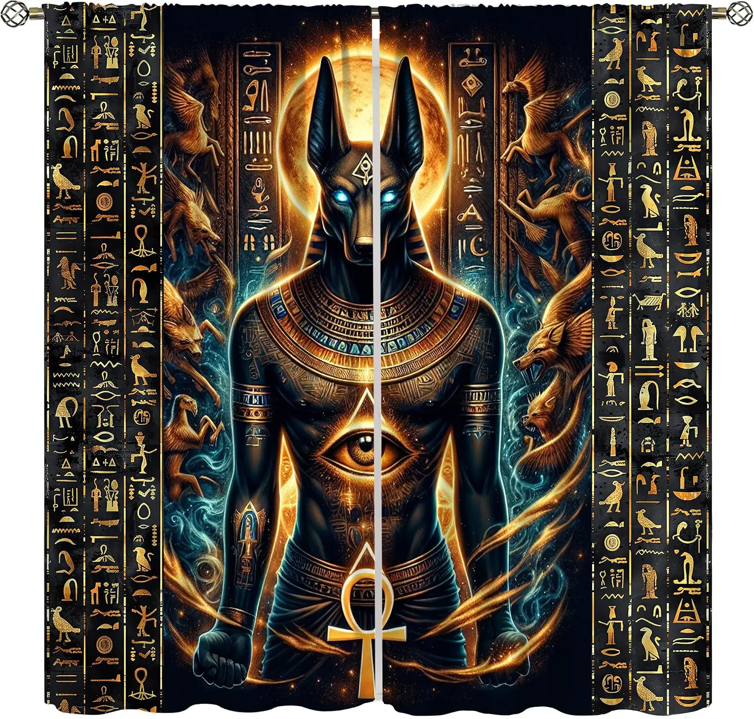 Ancient Egyptian Anubis Curtains, Eye of Horus Ankh Golden Hieroglyphic God Figure Mystic Black Gold Drapes for Gothic Bedroom