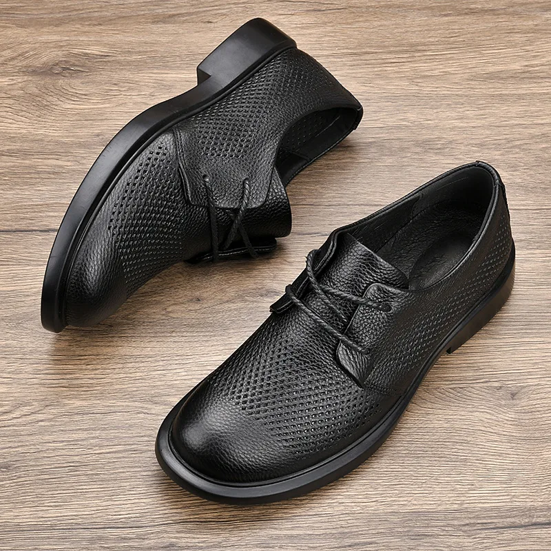 

Мужская повседневная обувь, кожаная летняя обувь на шнуровке с круглой головкой и толстой подошвой, удобная обувь из дышащей сетки из воловьей кожи